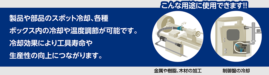 製品や部品のスポット冷却、各種ボックス内の冷却や温度調節が可能です。冷却効果により工具寿や生産性の向上につながります。