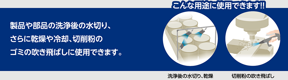 製品や部品の洗浄後の水切り、さらに乾燥や冷却、切削粉のゴミの吹き飛ばしに使用できます。